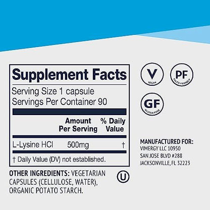 Vimergy L-Lysine – Promotes Healthy Skin, Hair & Nails* – Supports Healthy Metabolism* – Vegan, Non-GMO & Gluten-Free – 90 Capsules