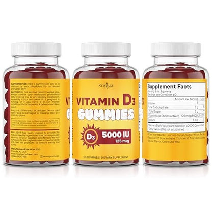 NEW AGE Vitamin D3 5000 IU 125mcg Gummies - Immune Support - Non-GMO, Gluten-Free, Dairy-Free, No Gelatin (60 Count)