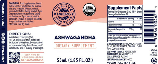 Vimergy USDA Organic Ashwagandha Liquid Extract – 27 2mL (2 Droppers or 48-54 Drops) Servings (220mg Extract per Serving). Stress Adaptogen, Cognitive & Sleep Support. Alcohol-Free, Non-GMO (55 mL)