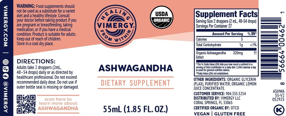 Vimergy USDA Organic Ashwagandha Liquid Extract – 27 2mL (2 Droppers or 48-54 Drops) Servings (220mg Extract per Serving). Stress Adaptogen, Cognitive & Sleep Support. Alcohol-Free, Non-GMO (55 mL) - görsel 3