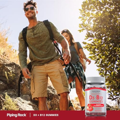 Piping Rock Vitamin D3 and B12 Gummies | 60 Count | High Potency Strawberry Flavor | Vegetarian, Non-GMO, Gluten Free Supplement for Women and Men