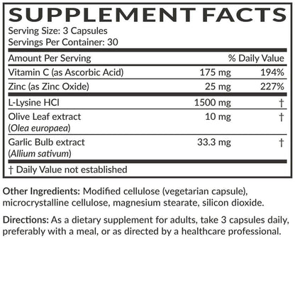 Futurebiotics L-Lysine Defense Immune Support Complex 1500 MG Per Serving with Vitamin C, Zinc, Olive Leaf & Garlic - Non-GMO, 90 Vegetarian Capsules