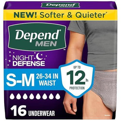 Depend Night Defense Adult Diapers, Incontinence Underwear for Men, Disposable, Overnight, Small/Medium, Grey, 16 Count
