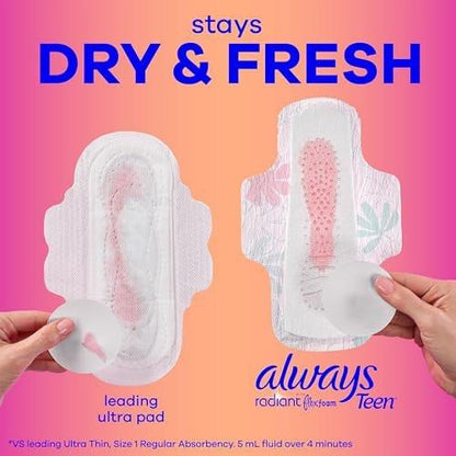 Always Radiant Teen Pads, Size 1, Regular, with Wings, Unscented, 42 Count