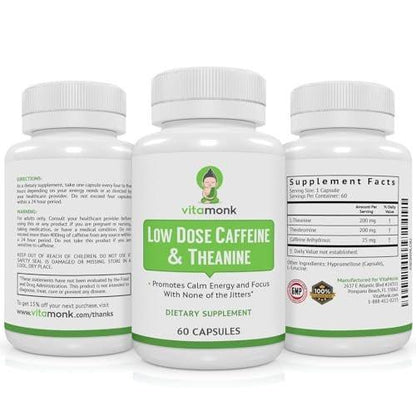 VitaMonk Low Dose Caffeine and Theanine - No Jitters, No Crash - Microdose of Caffeine L Theanine Pills with Caffeine Theanine and Theobromine - 25mg of Caffeine, Caffeine Pills L Theanine - 60 Caps