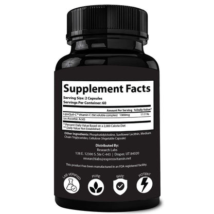 Research Labs Liposomal Vitamin C Supplement w/Enhanced Absorption LipoQuil-C™ | 2 Fer 1 ad 240 Capsules Total Immune Support Collagen Booster | High Dose Fat Soluble Vita C 1000mg Buffered | Non GMO