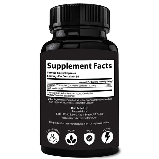 Research Labs Liposomal Vitamin C Supplement w/Enhanced Absorption LipoQuil-C™ | 2 Fer 1 ad 240 Capsules Total Immune Support Collagen Booster | High Dose Fat Soluble Vita C 1000mg Buffered | Non GMO