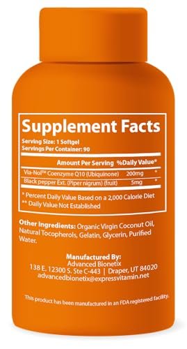 Advanced Bionetix Advanced Absorption 200mg CoQ10 w/Black Pepper Extract. 90 Softgels. Antioxidant Supplement, Heart & Vascular Health, Brain Health, Organic, Gluten Free, Energy Production