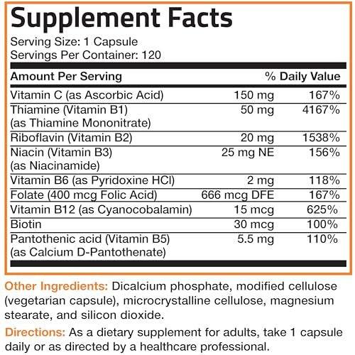 Bronson Vitamin B Complex with Vitamin C - Immune Health, Energy Support & Nervous System Support - Non-GMO, 250 Vegetarian Capsules - görsel 5