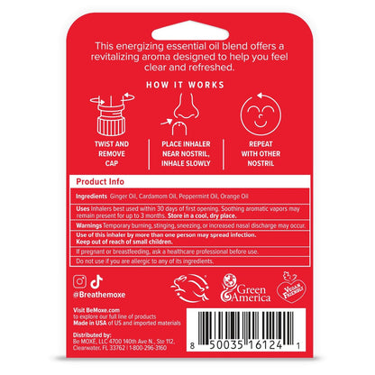MOXE Nausea Nasal Inhaler Sticks, All Natural Essential Oil Blend, Ginger, Cardamom, Peppermint, Sweet Orange, Upset Stomach, Headaches, Easy-to-Use Portable Aromatherapy, Made in USA, 1 Pack