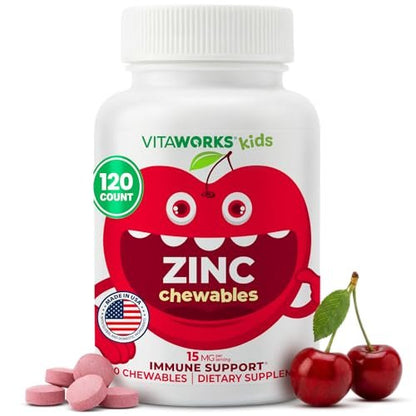 VitaWorks Kids Zinc 15mg Chewable Tablets - Natural Cherry Flavor - Vegan, Vegetarian, GMO-Free, Gluten Free, Nut Free Vitamins - Dietary Supplement for Immune Support - for Children - 120 Chewables