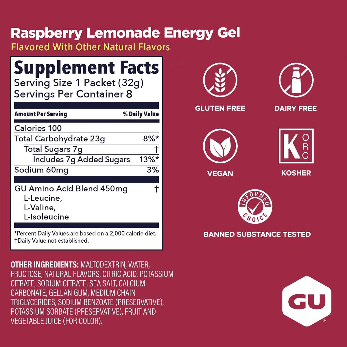 GU Energy Original Sports Nutrition Energy Gel, 8-Count, Vegan, Gluten-Free, Kosher, and Dairy-Free On-The-Go Energy for Any Workout, Raspberry Lemonade - görsel 4