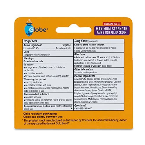 Globe Lidocaine 4% Multi-Symptom Relief Cream – 2 Pack (1.75 oz Each), Steroid Free Non-Greasy Formula for Pain & Itch Relief - görsel 3