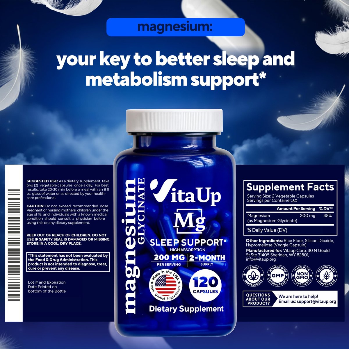 VitaUp Magnesium Glycinate 200mg - USA Made, Highly Absorbed, Non-GMO Magnesium for Relaxation, Deep Sleep, Bones & Heart - 200mg per Serving, 120 Vegan Capsules - görsel 12