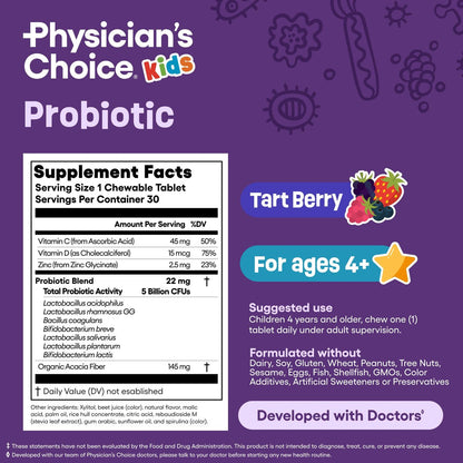 Physician's CHOICE Probiotics for Kids - 7 Diverse Strains, Organic Prebiotics, Vitamins & Minerals - Clinically Studied L. Rhamnosus - Immune & Digestive Support - No Sugar or Artificial Dyes - 60ct