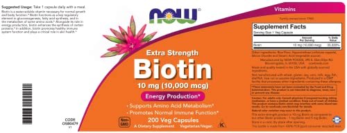 NOW Foods Extra Strength Biotin 10,000mcg / 10 mg - 200 Count - Hair, Skin, Nail - Supplement for Men and Women - B7 Vitamin - Vegetarian, Vegan, Non-GMO - görsel 2