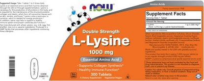 Now Foods L-Lysine 1000mg - Double Strength - 300 Tablets - Non-GMO Amino Acid Supplement (L-Lysine Hydrochloride) - 1000 mg Tabs - Vegan/Vegetarian