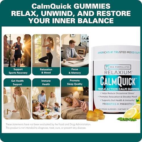 Relaxium Calm Gummies - Calm, Gut Health + Immune Support, Developed in the USA, with Vitamin B6, Magnesium, L-Theanine + Prebiotic & Probiotic Blend, Lemon Flavor, 60 Gummies - görsel 4