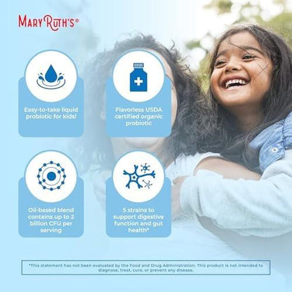 MARYRUTH'S Organics Kids Probiotic Liquid Drops | USDA Organic Probiotics for Digestive Health | Ages 4+ Gut Health & Immune Support Supplement | Overall Health | Vegan | Non-GMO | 1 Fl Oz