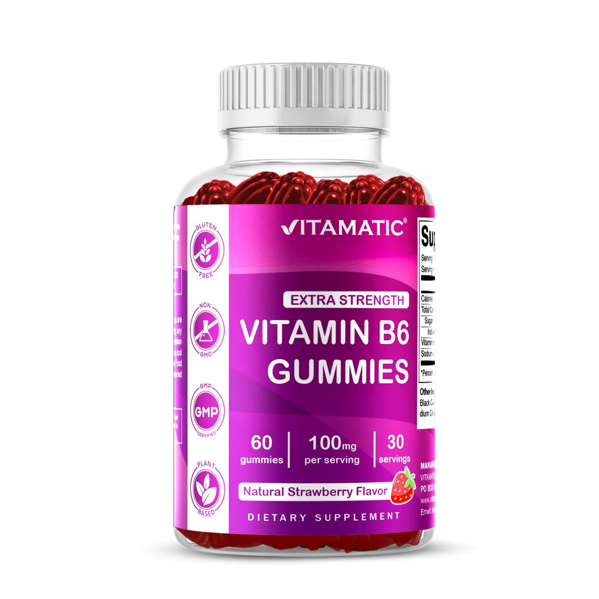Vitamatic Vitamin B6 100mg - Berry Flavor - 60 Pectin Based Gummies - Supports Nervous System - görsel 1