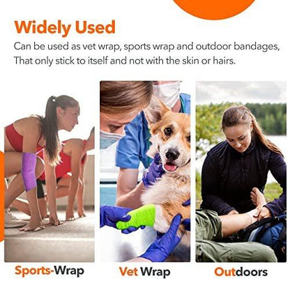 Self Adhesive Bandage Wrap 2 Inch x 5 Yards – Pack of 12 Multi Colored Cohesive Bandage, Non-Woven Vet Wrap for Dogs and Pets – Breathable Elastic Bandage Wrap for Ankles & Joint Sprains
