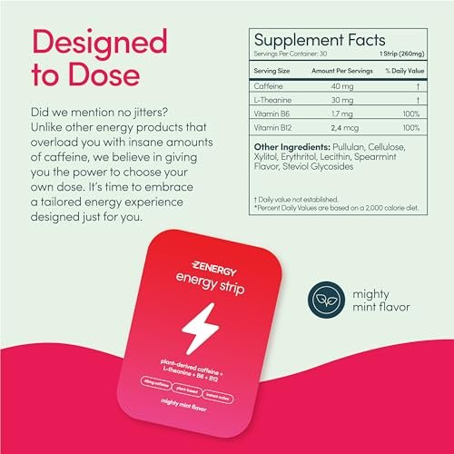 ZENERGY Energy Oral Strips - Mint Flavor | 40mg Caffeine + 30mg L-Theanine + 100% Vitamin B6 & B12 | 0 Sugar, 0 Calories, 0 Gluten, 0 Aspartame, Vegan, Plant-Based, Instant Action | 1 Tin = 30 Strips - görsel 3