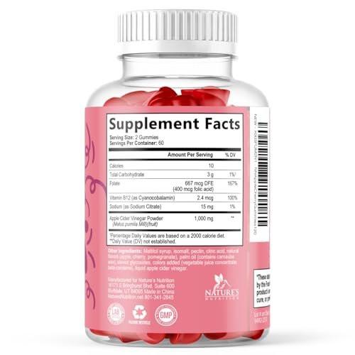 Apple Cider Vinegar Gummies 1000mg Per Serving - Sugar Free ACV Gummy Vitamins Supplement - Vitamin B12 & B6 for Energy - Digestion, Detox & Cleanse Support, Vegan, Gluten-Free, Non-GMO - 120 Gummies - görsel 2