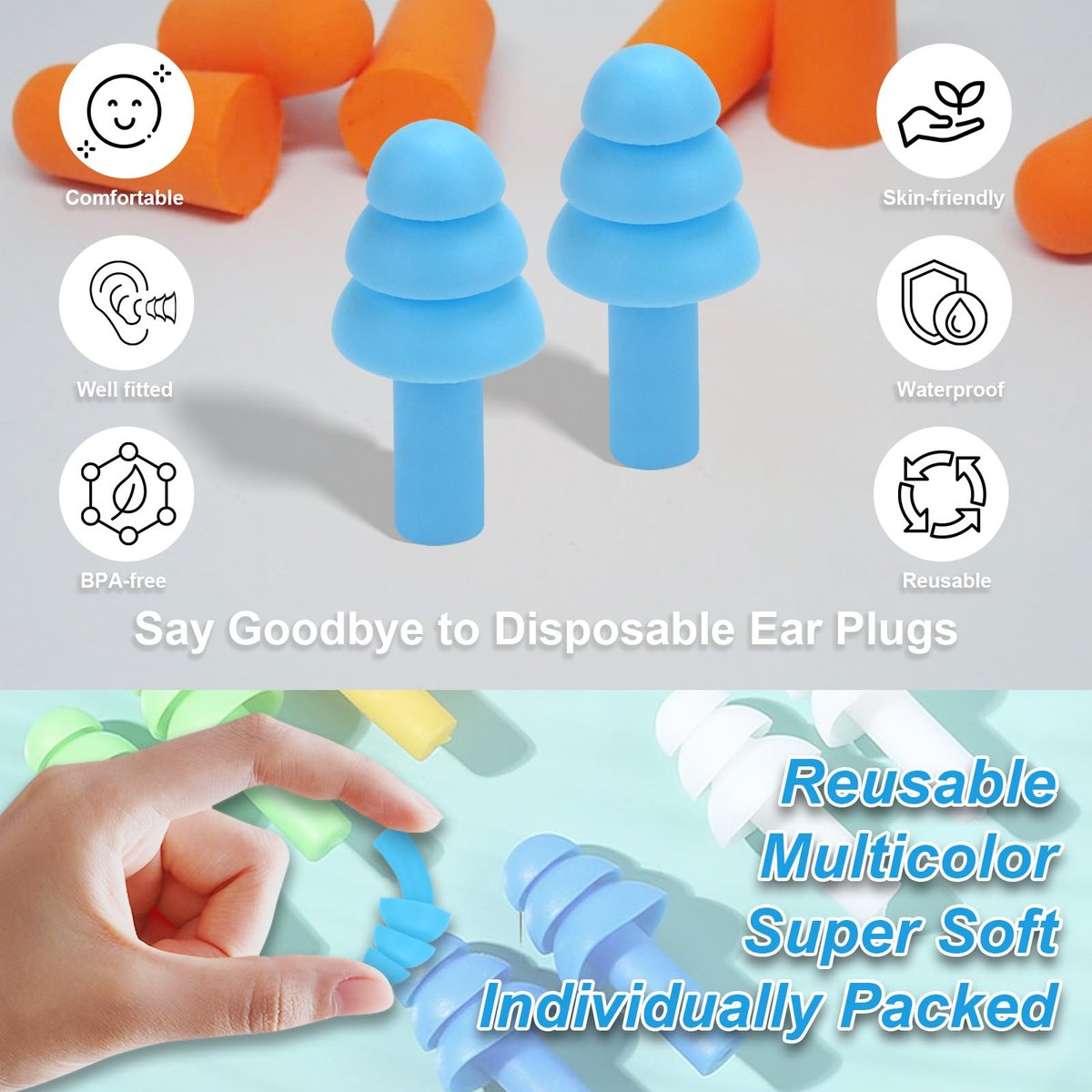 Ear Plugs for Swimming, Sleeping Noise Cancelling, Snoring, Shooting, Working, Reusable Silicone Earplugs, Super Soft Ear Plug for Noise Reduction, Ears Protection (8 Colors) - görsel 11