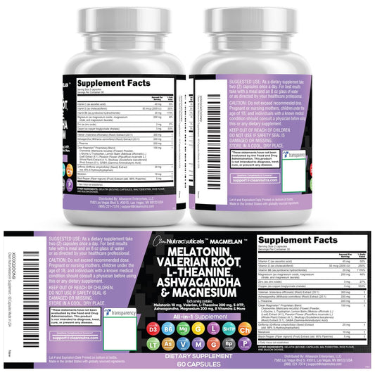 Clean Nutraceuticals Melatonin 10mg Valerian Root L Theanine 200mg Ashwagandha - Sleep Support for Women & Men with Magnesium Complex, Lemon Balm, Chamomile, & Passion Flower - 60 Caps