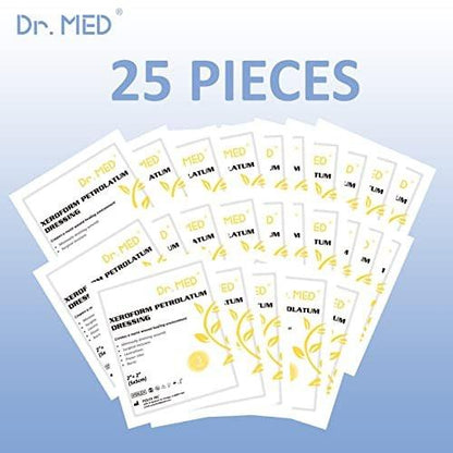 Dr.Med Xeroform Petrolatum Dressing Patch, 2"x2" - 25 Pcs/Box, Non-Adherent Gauze Dressings for Minor Burns, Lacerations, Skin Grafts, Sutured Wounds