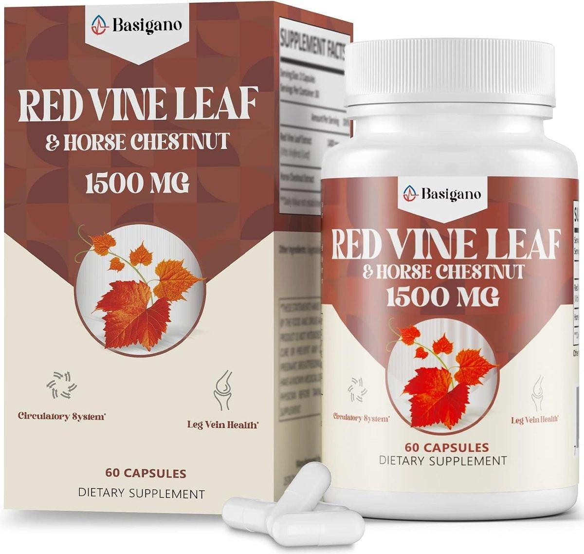 Basigano Red Vine Leaf & Horse Chestnut Extract Capsule Supplements (Vitis Vinifera) 1500mg - Premium Extract for Healthy Veins, Circulation, Heart, Skin (1 Pack) - görsel 1