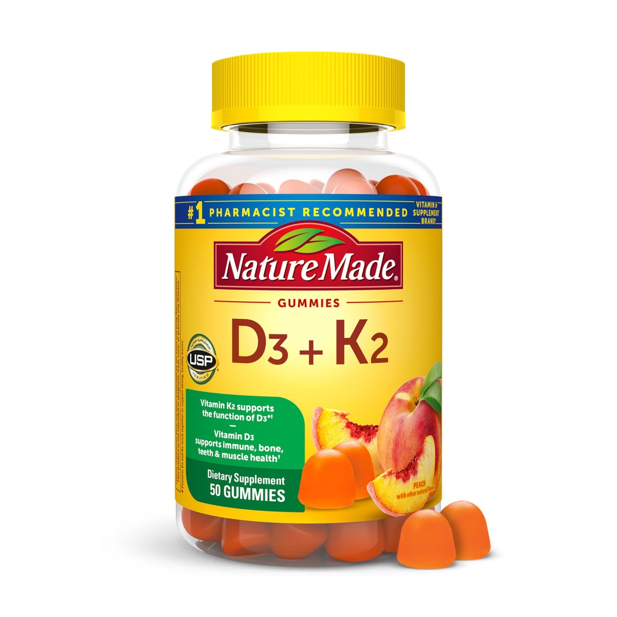 Nature Made Vitamin D3 K2 Gummies, Vitamin D 5000 IU Per Serving for Bone, Teeth, Muscle and Immune Support, 50 Gummy Vitamins, 25 Day Supply - görsel 2