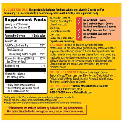 Nature Made Vitamin D3 K2 Gummies, Vitamin D 5000 IU Per Serving for Bone, Teeth, Muscle and Immune Support, 50 Gummy Vitamins, 25 Day Supply