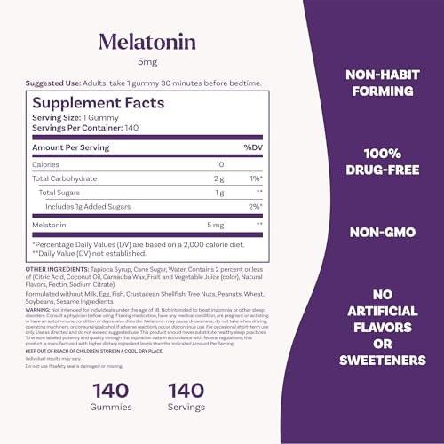 Natrol 5mg Melatonin Gummies, Sleep Support for Adults, Melatonin Supplements for Sleeping, 140 Strawberry-Flavored Gummies, 70 Day Supply - görsel 2