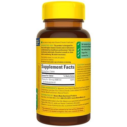 Nature Made Vitamin D3 5000 IU (125 mcg) Extra Strength, Vitamin D Supplement for Immune Support, 70 Sugar Free Fast Dissolve Tablets, 70 Day Supply - görsel 16