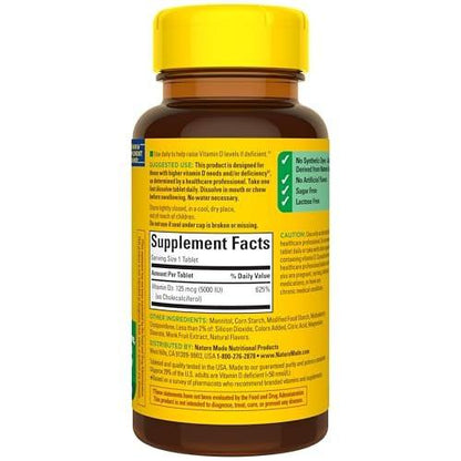 Nature Made Vitamin D3 5000 IU (125 mcg) Extra Strength, Vitamin D Supplement for Immune Support, 70 Sugar Free Fast Dissolve Tablets, 70 Day Supply