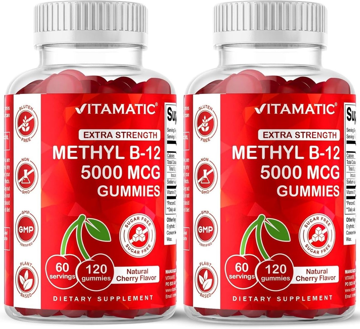 Vitamatic 2 Packs Extra Strength Vitamin B12 5000 mcg (Methyl B12) Gummies - 120 Count - Energy Metabolism Support and Nervous System Health Support, Natural Cherry Flavored - görsel 1