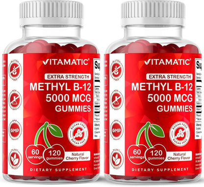 Vitamatic 2 Packs Extra Strength Vitamin B12 5000 mcg (Methyl B12) Gummies - 120 Count - Energy Metabolism Support and Nervous System Health Support, Natural Cherry Flavored