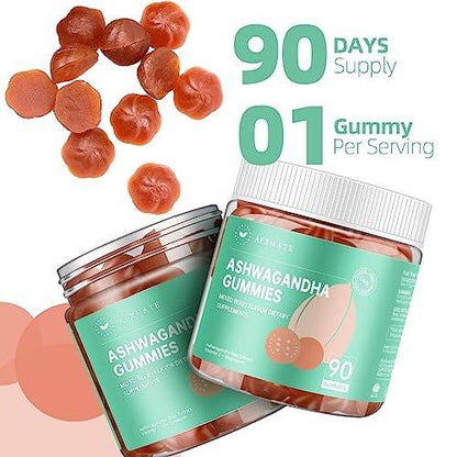 AFXMATE Ashwagandha Gummies for Women Sugar Free, Men's Ashwagandha Supplement Gummy with Magnesium Vitamin D 1000IU Vegan (90 Counts)