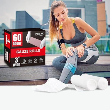 DMSKY Gauze Rolls 60 Pack, 3 in x 4.1 Yards, Individually Wrapped Breathable Rolled Gauze, Premium Bandage Wrap Vet Wrap, Mummy Wraps