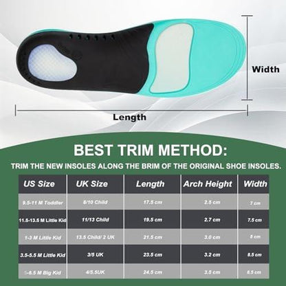Bacophy Kids Arch Support Insoles Children Orthotic Inserts for Plantar Fasciitis, Flat Feet, Heel Pain Relief, Premium Pu, TPU, Gel Shock Absorption Deep Heel Cup Cushioning Inner Sole