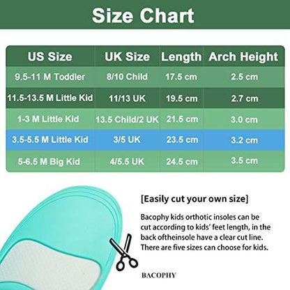 Bacophy Kids Arch Support Insoles Children Orthotic Inserts for Plantar Fasciitis, Flat Feet, Heel Pain Relief, Premium Pu, TPU, Gel Shock Absorption Deep Heel Cup Cushioning Inner Sole (23.5cm)