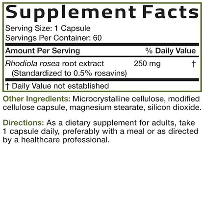 Bronson Rhodiola Rosea Vegetarian Capsules - Adaptogenic Herb - Brain, Stress & Mood Support - Non-GMO, 60 Count