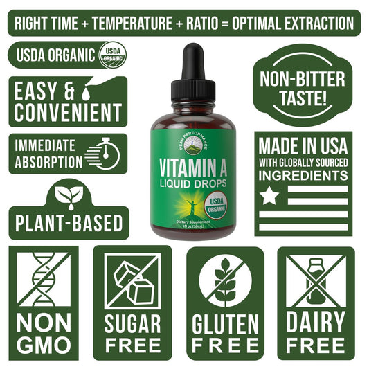 USDA Organic Vitamin A Liquid Drops Supplement - Vegan High Bioavailability for Eye, Skin + Bone Health - for Adults, Men, Women, Kids - Vit A Oil Retinyl Palmitate - Gluten Free, Zero Sugar 1 fl oz