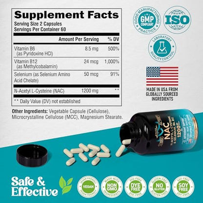 NAC Supplement with Selenium, B6, B12 – Antioxidant, Immune Support – N Acetyl Cysteine 600 mg per Capsule, 1200 mg per Serving – Lab Tested – Non-GMO, Gluten-Free, Vegan – 120 Capsules, 2 Month Supply