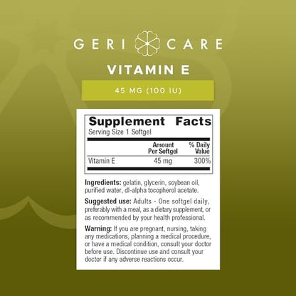 GeriCare High-Potency Vitamin E Capsules – 100 IU for Skin & Immune Support, 45mg | 100 Count | Organic Vitamin E for Women and Men