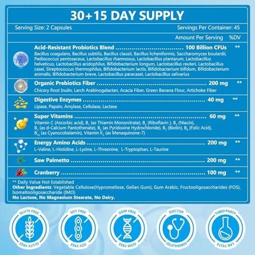 Probiotics for Men Digestive Health with Digestive Enzymes & Prebiotics, 100 Billion CFUs, Men's Probiotics with Saw Palmetto & Cranberry for Prostate & Urinary Tract Health, 90 Veggie Capsules - görsel 10