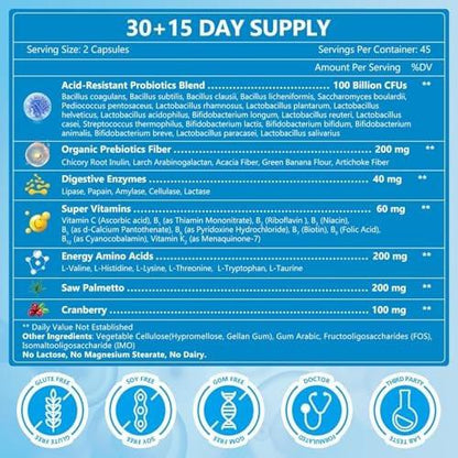 Probiotics for Men Digestive Health with Digestive Enzymes & Prebiotics, 100 Billion CFUs, Men's Probiotics with Saw Palmetto & Cranberry for Prostate & Urinary Tract Health, 90 Veggie Capsules