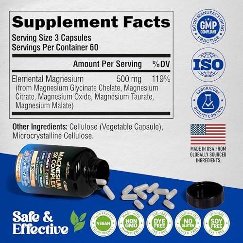 Magnesium Supplement - 5 in 1 Complex | Glycinate | Citrate | Malate | Taurate | Oxide - for Women & Men - Stress, Muscle & Heart Support - Vegan, Natural, Non-GMO - 180 Capsules, 2 Month Supply - görsel 11