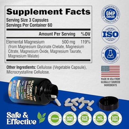 Magnesium Supplement - 5 in 1 Complex | Glycinate | Citrate | Malate | Taurate | Oxide - for Women & Men - Stress, Muscle & Heart Support - Vegan, Natural, Non-GMO - 180 Capsules, 2 Month Supply